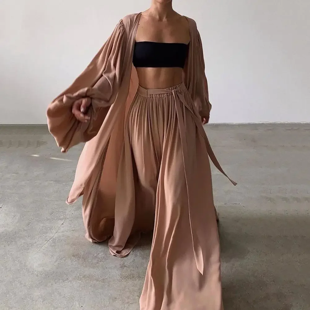 

3 Pcs/Set Women Autumn Women Sexy Off Shoulder Crop Tops And Long Pants Lantern Sleeves Wide Leg Autumn Homesuit Casual Ladies