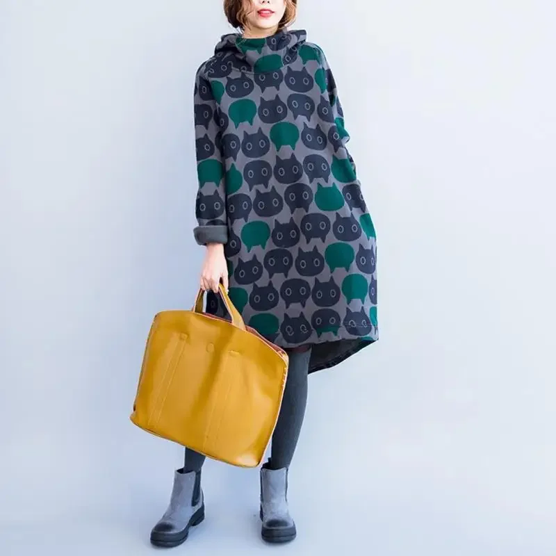 Winter Female Vintage Velvet Thick Hoodie Dress Plus Size Autumn Women Cat Print Hoodies Kawaii Cartoon Long Hooded Sweatshirt