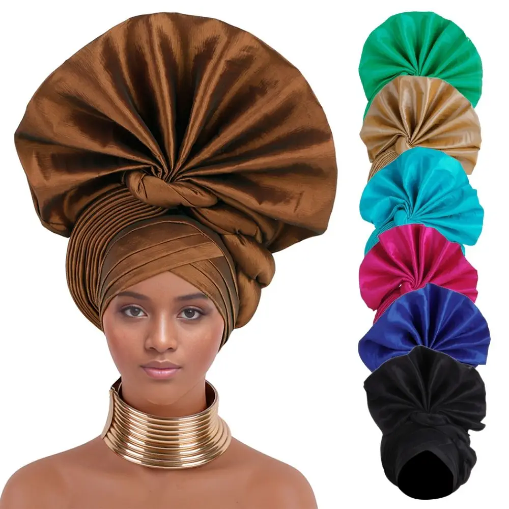 

Adjustable Turban Cap Fashion Polyester Nigeria Raw Silk Autogele Headtie African Hat