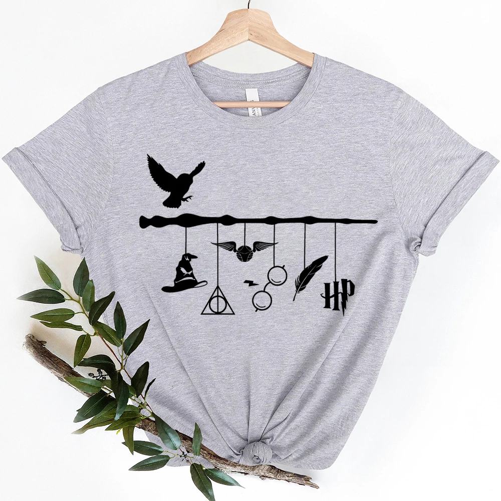 마법사 세계 모자 반팔 마법사 지팡이 티셔츠, HP 유니섹스 그래픽 티, 매직 스쿨 탑 티셔츠, 스트리트웨어 여성 의류