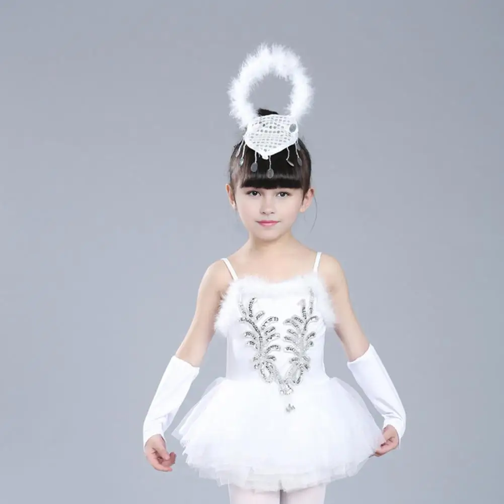 

Fluffy Edge Dress Children's Ballet Performance Dress Set with Headdress Sleeve Covers Sequin Sleeveless Backless for Girls