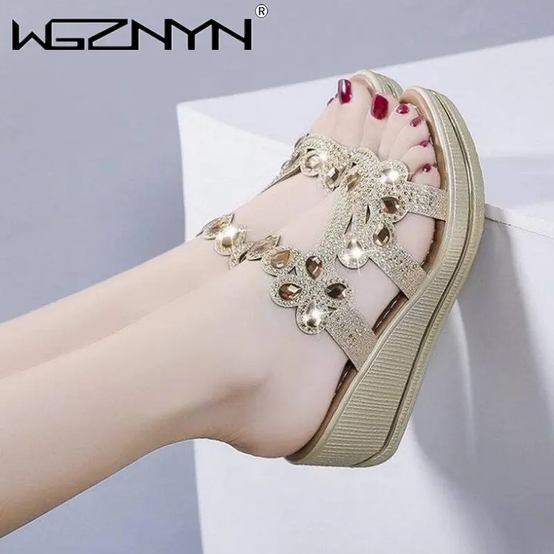 

2023 Bling Women Platform Sandals Summer Fashion High Heel Sandals Crystal Casual Ladies Shoes High Heels Rhinestone Slippers