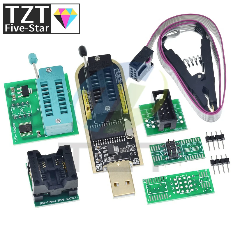 TZT CH341A CH341B 24 25 Series EEPROM Flash BIOS USB Programmer Module + SOIC8 SOP8 Test Clip EEPROM 93CXX / 25CXX / 24CXX