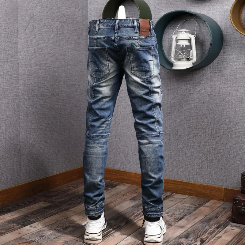 High Street Fashion Men Jeans Retro Blue Stretch Slim Fit Spliced Designer Biker Jeans Homme Patched Hip Hop Denim Pants Hombre