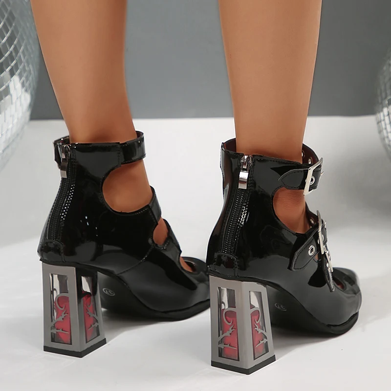 Punk Gothic High Heels Pumps Woman Y2K Metal Buckle Straps Mary Jane Lolita Shoes for Women Rose Heeled Pointed Toe Party Shoes 2