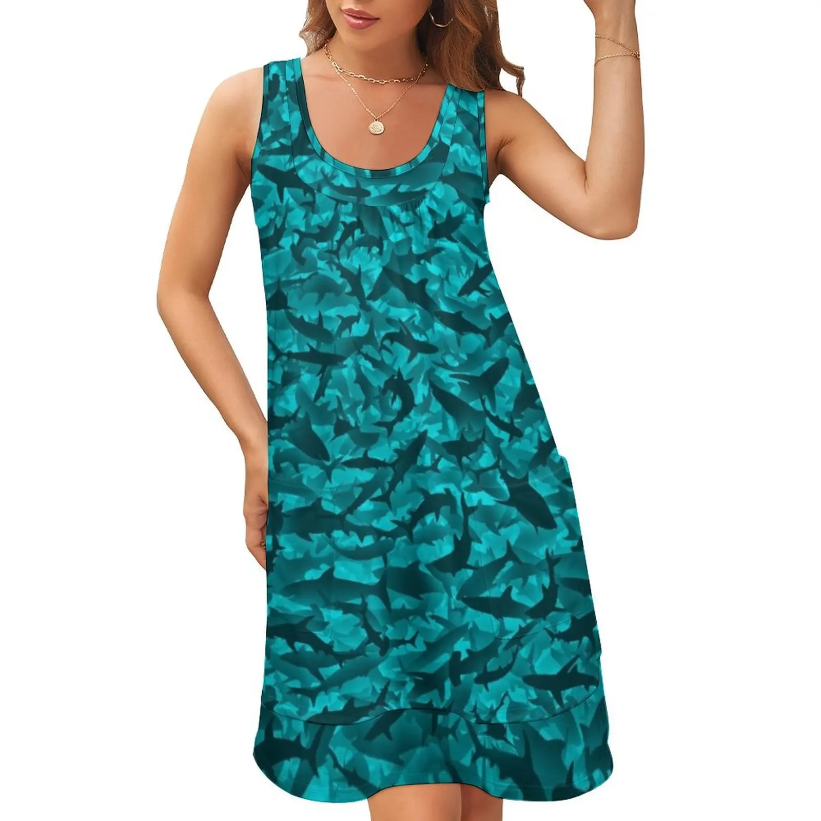 

Sharks Sleeveless U-Neck Fake Two Piece Dress elegant dress Dress vintage