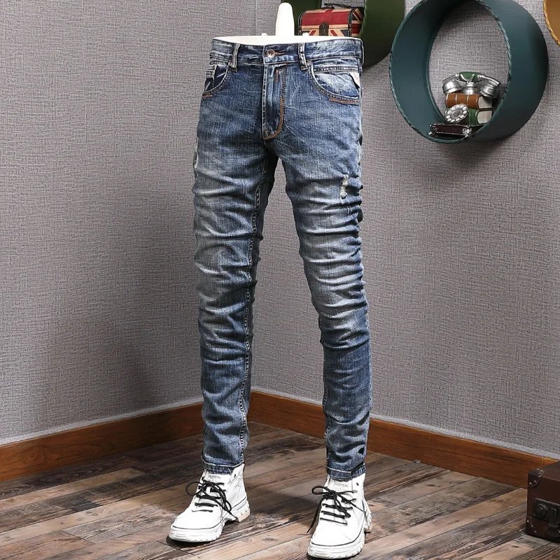 

Streetwear Fashion Men Jeans Retro Blue Elastic Slim Fit Ripped Jeans Men Italian Vintage Designer Casual Denim Pants Hombre