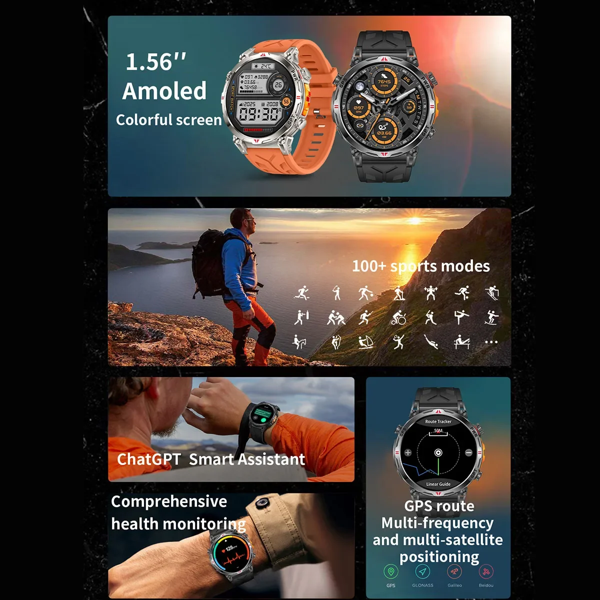 Smartwatch GPS con Bussola, Monitoraggio Frequenza Cardiaca e Ossigeno nel Sangue, Fitness Tracker Impermeabile per Sport, Chiamate Bluetooth - immagine 4
