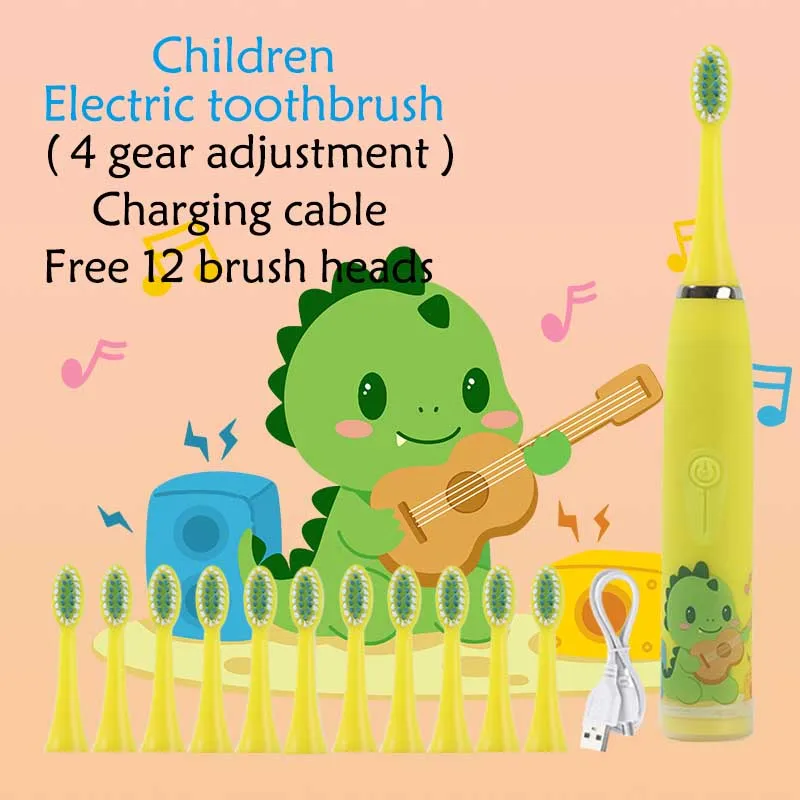 Cepillo de dientes eléctrico sónico para niños, colorido, con dibujos animados, ultrasónico, recargable, con cabezales de repuesto, cepillo de limpieza de cabello suave