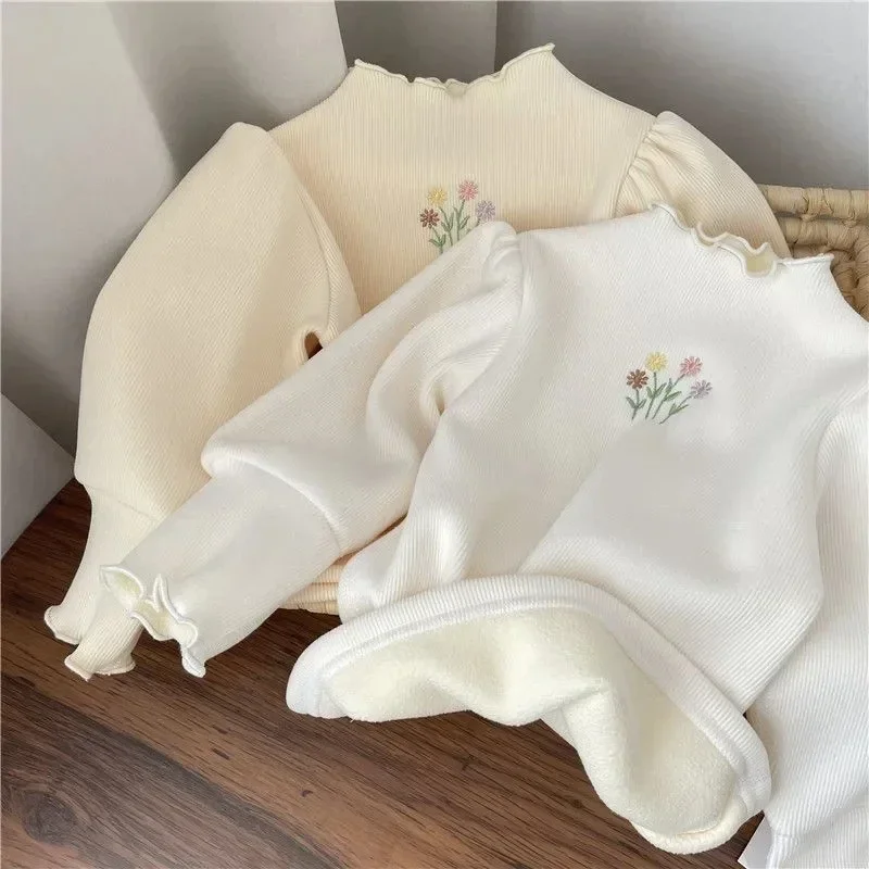 Baby Girls Top Winter Kids Warm Thickening Sweater Children Puff Sleeve Flower Embroidery Bottom Shirt 1-6 Years Casual Clothing 1