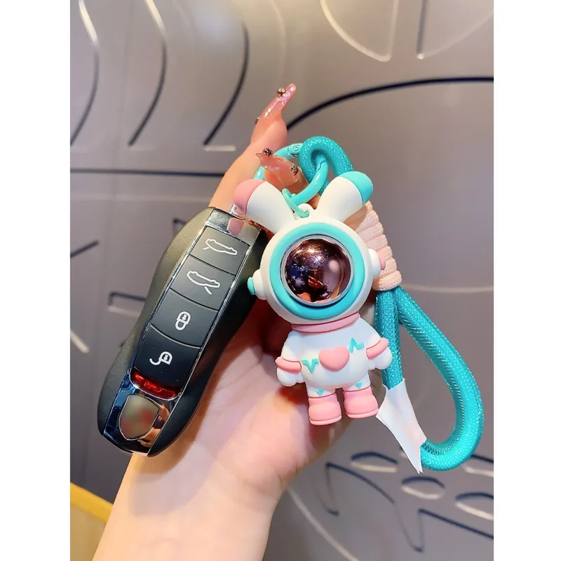 New Astronaut Rabbit Metal Keychain Black Purple Pink Blue Doll Cute Car Bag Keyring Girl Boy Couple Lover Knitted Lanyard Gift 4