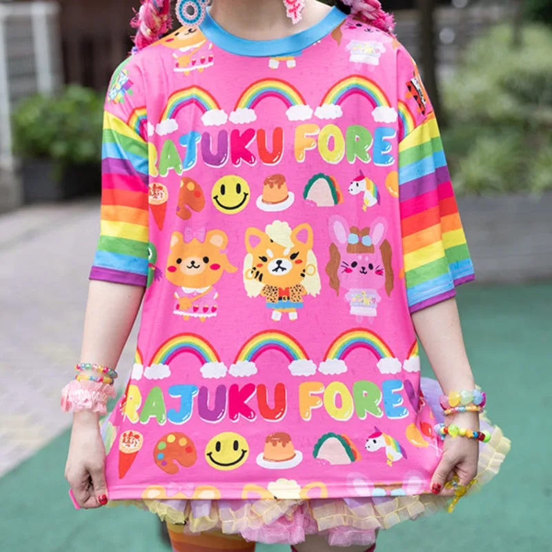 Sommerliches japanisches Original-Kawaii-Regenbogen-Harajuku-T-Shirt für Kinder/Erwachsene, Subkultur, Y2k, Cosplay, lockere Übergröße, kurze Ärmel – Detail 3