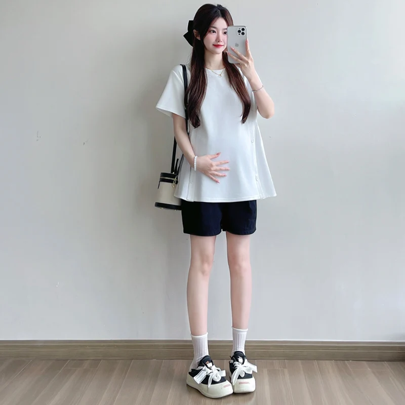 임산부를위한 여름 느슨한 반팔 라운드 넥 투피스 세트 한국 스타일 코튼 이너 얇고 편안한