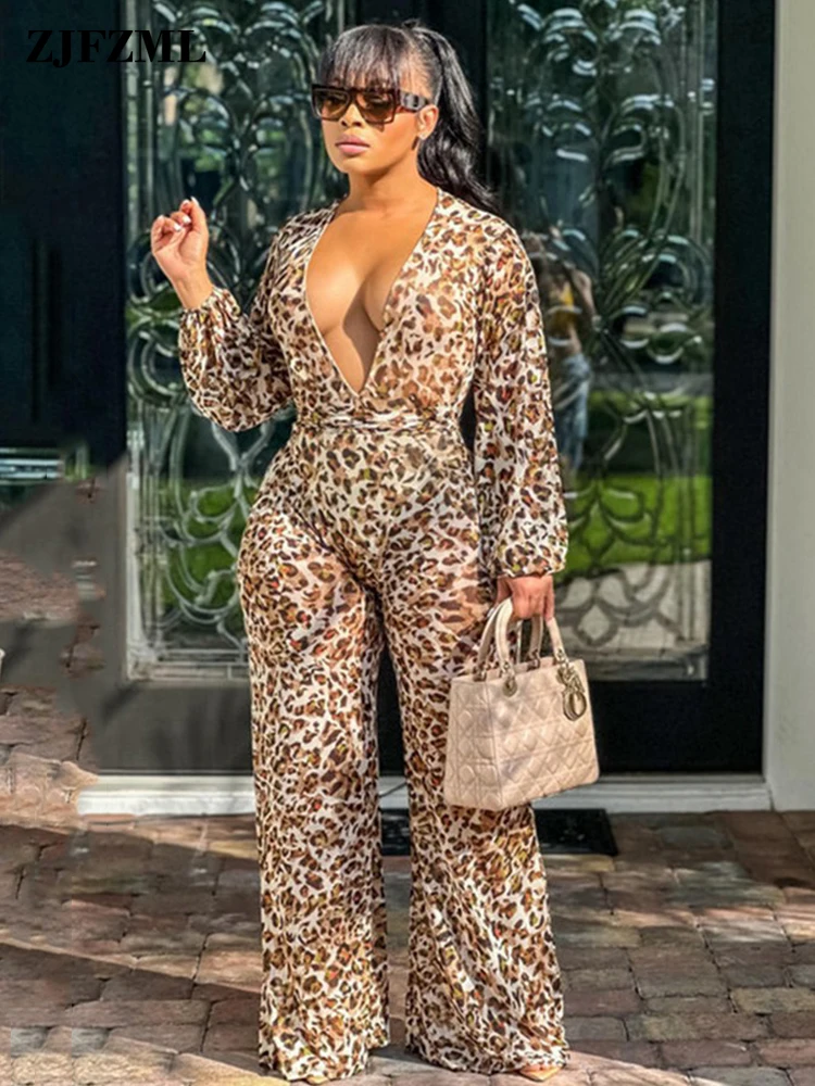 

Sexy Leopard Print Wide Leg Jumpsuit for Women Full Sleeve Deep V Neck Cleavage Thin One Piece Female Midnight Long Overalls