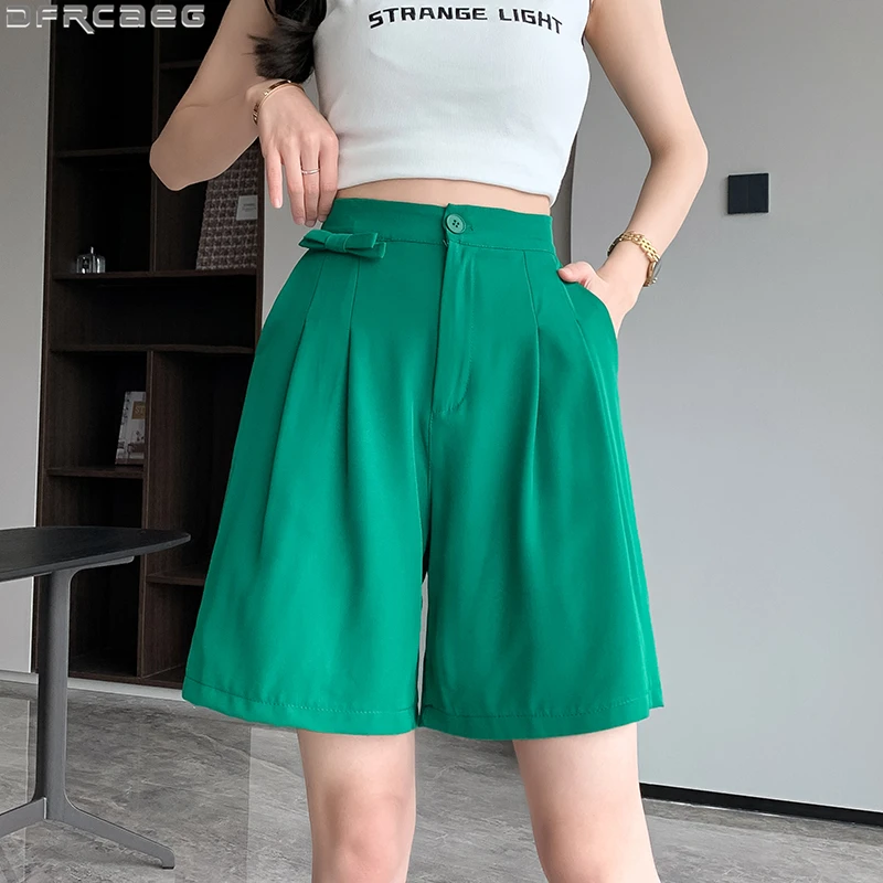 

Fashion High Waist Streetwear Summer Shorts Women Loose Straight Wide Leg Boyfriend Bermuda Shorts Y2K Bow Ice Silk Short Femme