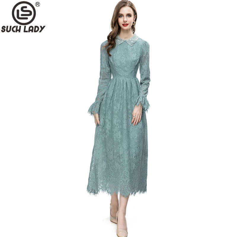 

Женское модельное платье с вышивкой, дизайнерское платье в стиле High Street с воротником «пептер» и длинными рукавами