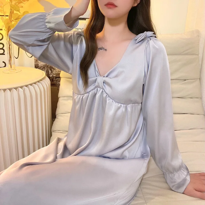 Women's Pajamas Set Solid Pijama Faux Silk Satin Bow Pyjama Female Sleepwear Long Sleeve V-Neck Shirt Pants Suits Homewear