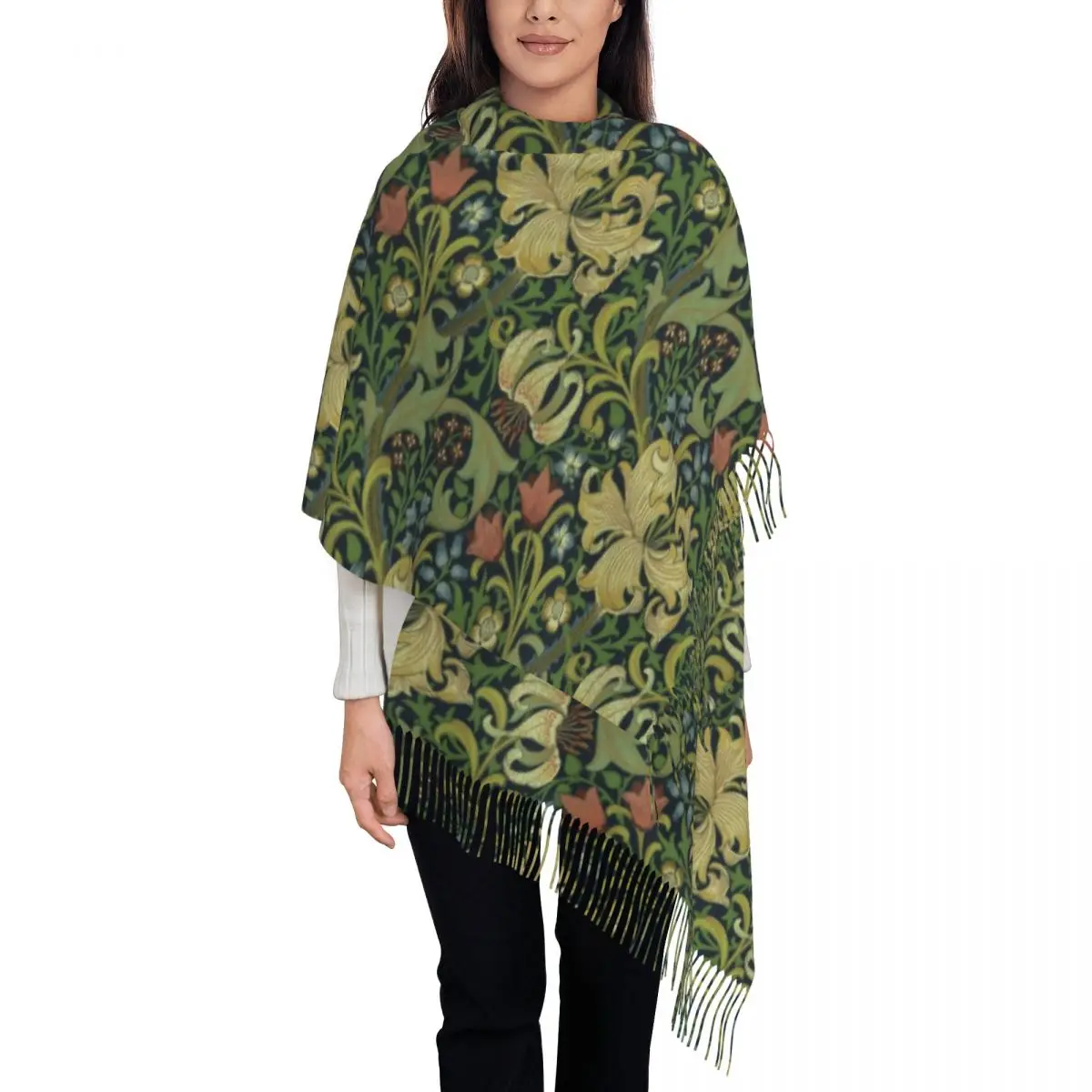 

William Morris Company Tassel Scarf Women Soft Floral Textile Pattern Shawls Wraps Female Winter Fall Scarves