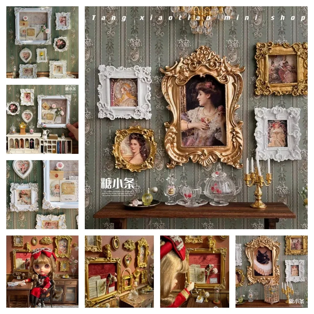 6points Vintage Gold Frame Miniature Picture Frame Dollhouse Decoration Oil Painting 12points Aristocratic Portrait Model Blythe