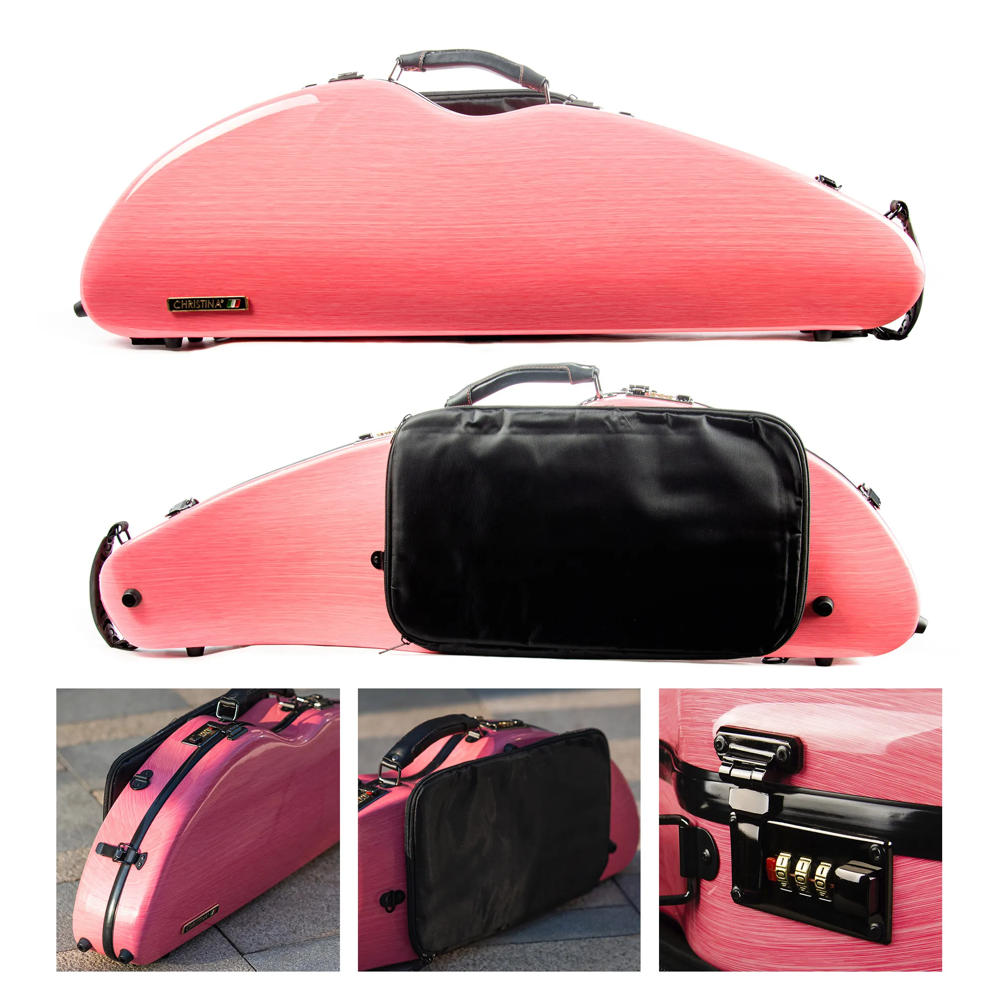 

CHRISTINA Carbon Fiber Violin Case, New Widened Triangle BV05PK Pink, Waterproof Lightweight, with Sheet Music Bag Code Lock