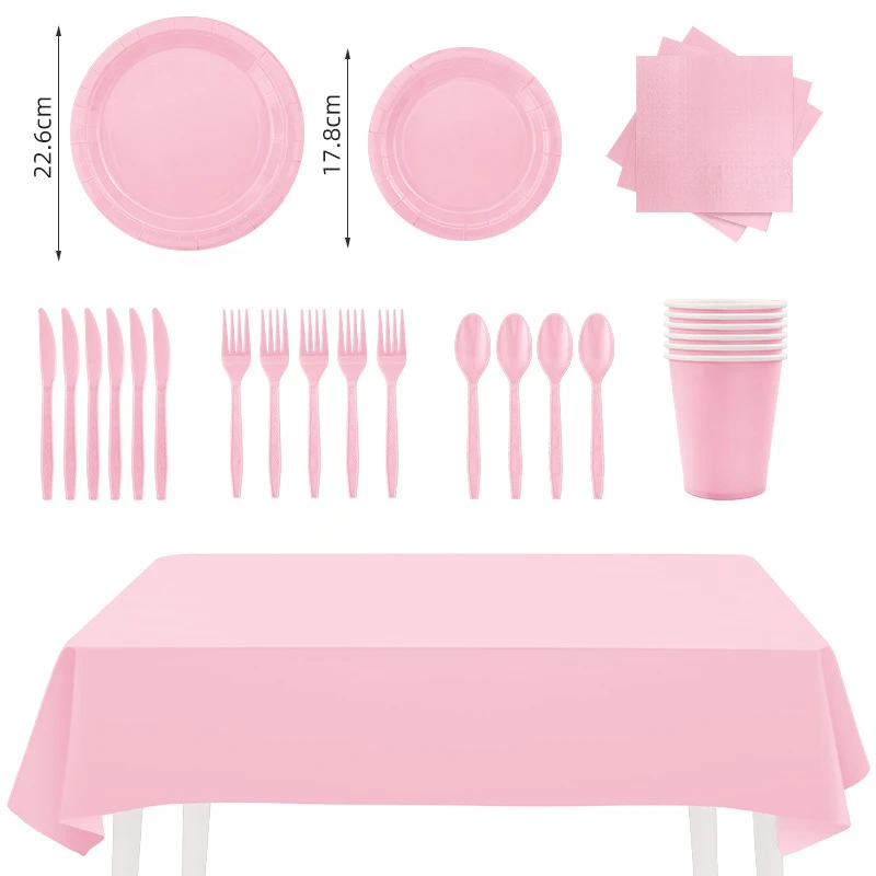 Party Decorations Solid Color Party Set Disposable Tableware Paper Cup Napkin Plate Tablecloth Knife Fork Spoon For Kids