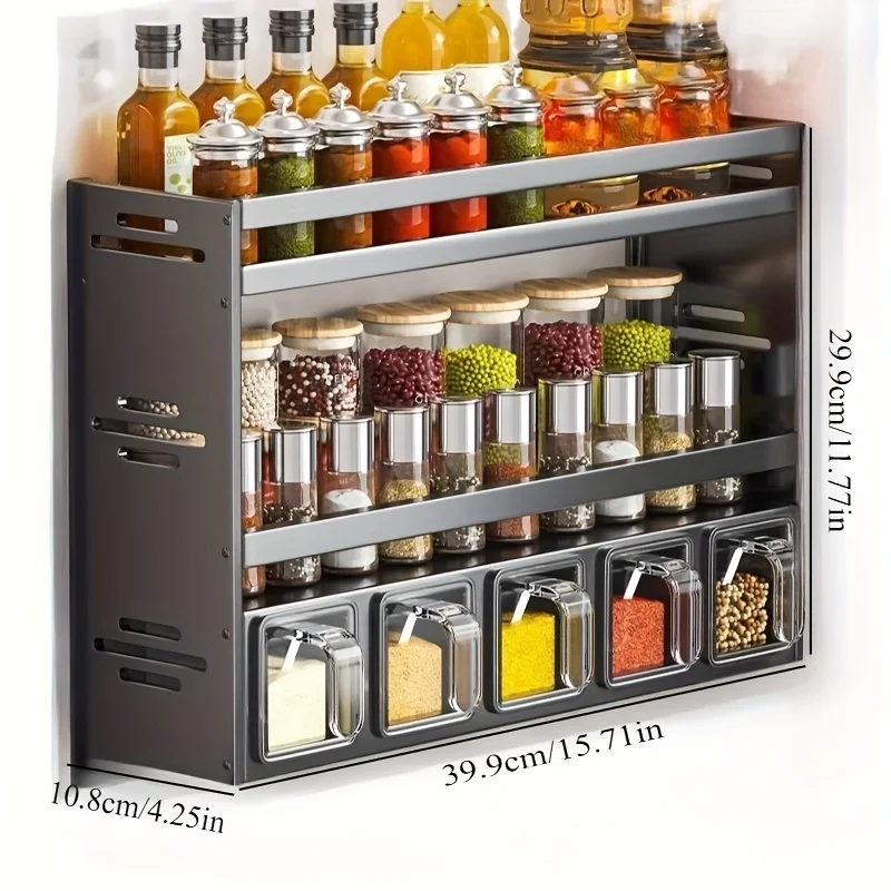 Wall mounted kitchen spice rack storage set without drilling, with sealed containers and distributors, suitable for home use 6