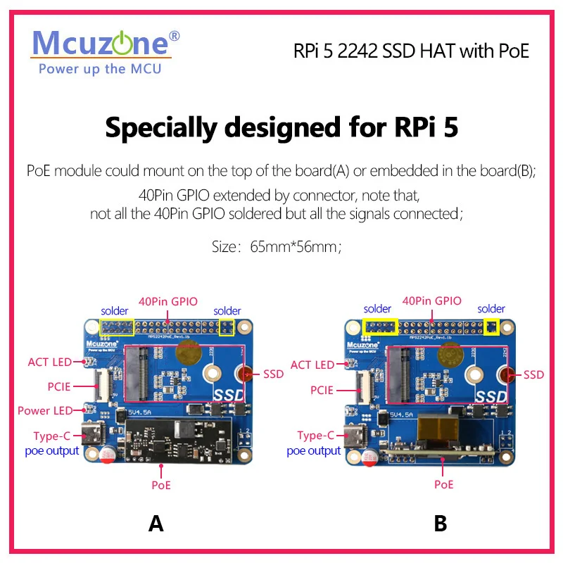 MPS2242-POE HAT,PoE ethernet powered for Raspberry Pi5, PCIE to NVME SSD, support 2242,2230,POE output up to 5V4.5A