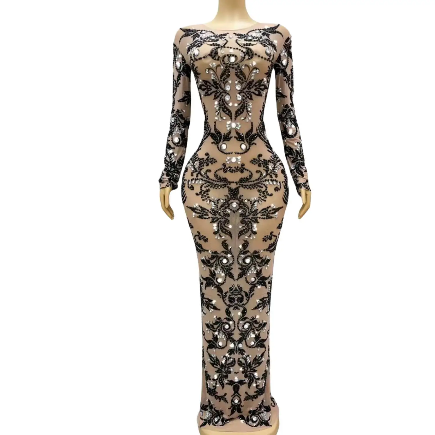 

Black Elegant Crystal Party Mesh Classical Long Dress Women Sexy Birthday Wedding Celebration Dress Singer Rhinestone Dress