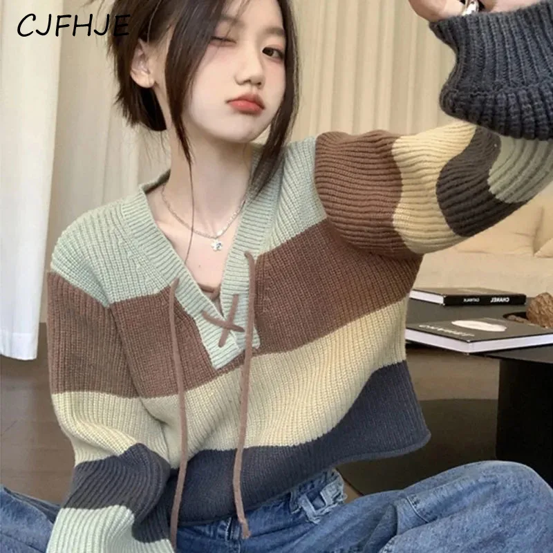 

CJFHJE Fashion Cropped Patchwork Sweaters Women Korean Chic Lace Up Casual Streetwear Knitwear Female Long Sleeve All Match Tops