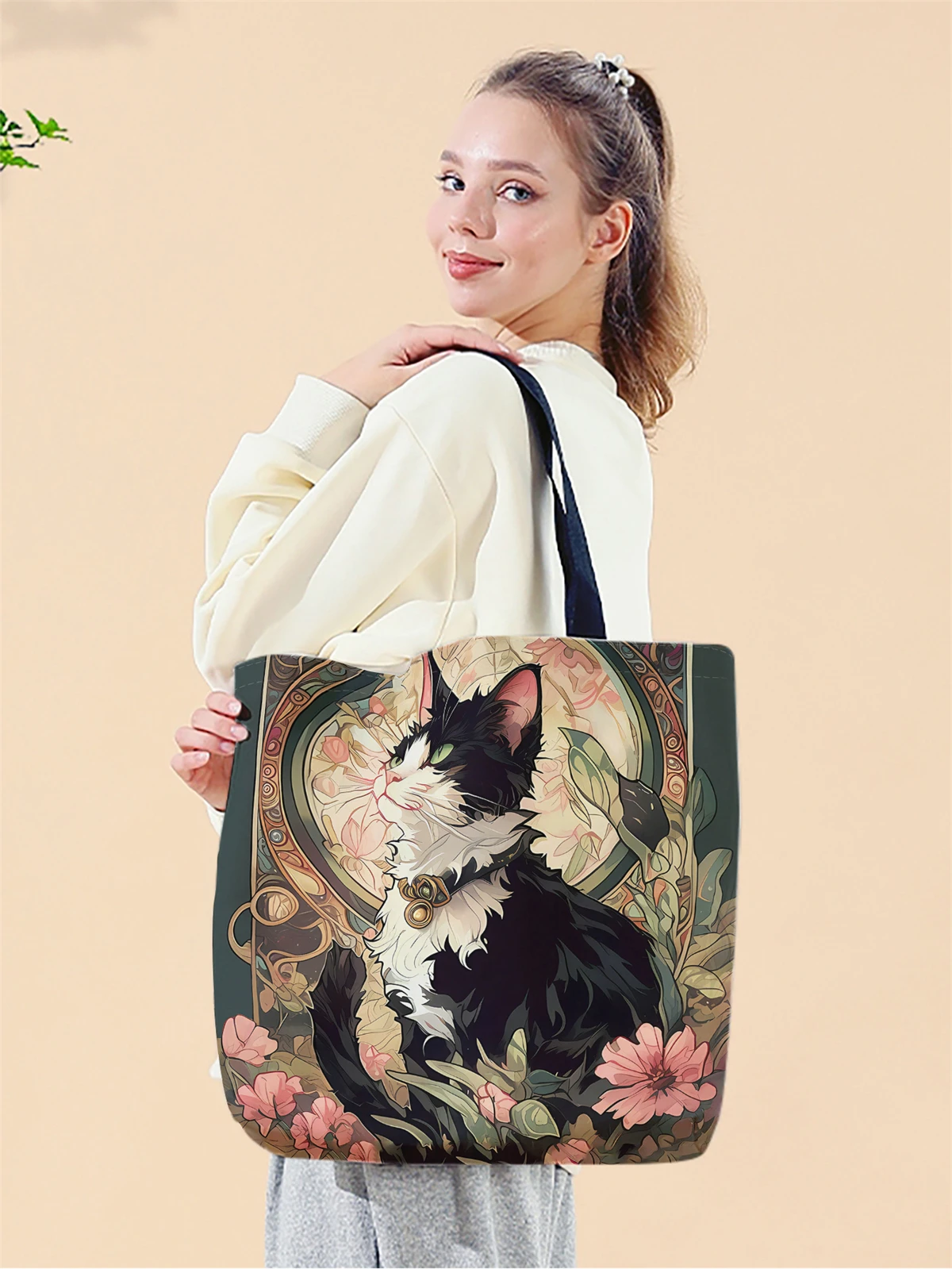 1pc,flower cat handbag, reusable fashion handbag, multi-functional handbag, printed canvas shopping bag