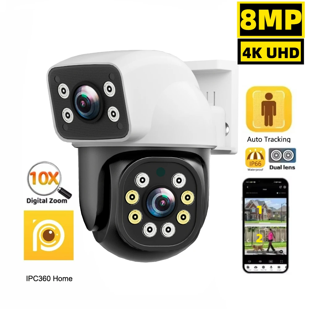 מצלמת IPC360 ביתית 6K UHD חיצונית עם WiFi IP, עדשה משולשת ברזולוציה של 12 מגה פיקסל עם זיהוי אדם AI, מעקב אוטומטי 4K למעקב אחרי אבטחת CCTV