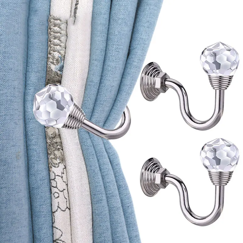 2× Crystal Curtain Holdback Wall Tie Backs Hooks Hanger Holder YY Silver Metal 