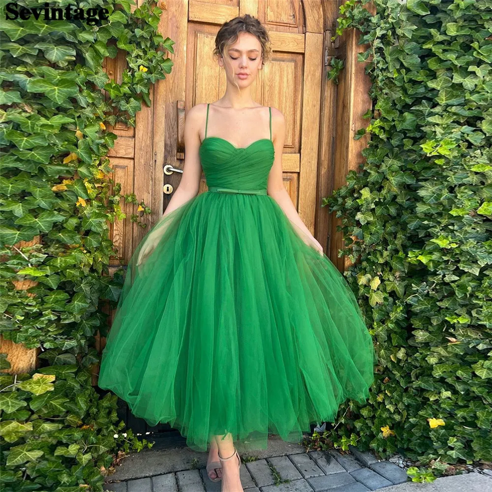 

Sevintage Elegant Green Prom Dress Tulle A-Line One Spaghetti Strap Ruched Belt Formal Evening Dress Floor Length Party Gowns