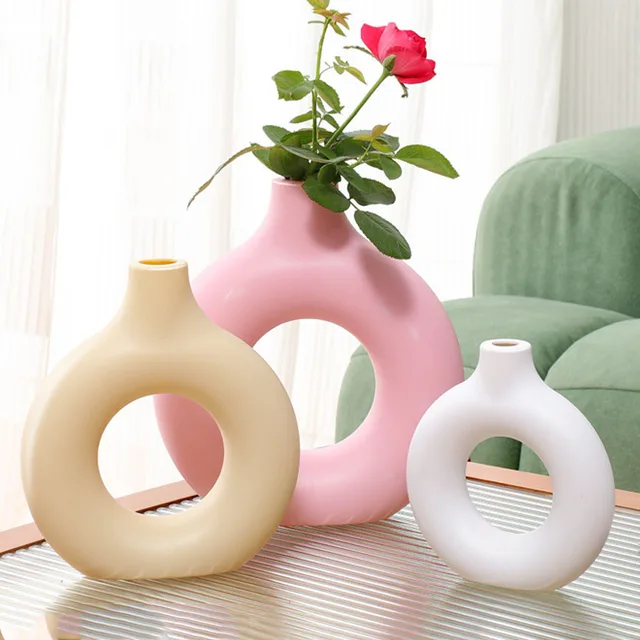 Nordic Vase Circular Hollow Ceramic Donuts Flower Pot Home Living Room Decoration Accessories Interior Office Desktop Decor Gift