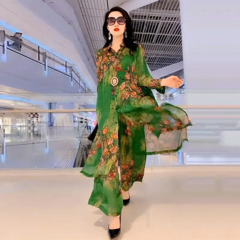 2023 New Bohemian Belly Covering Silk Wide Leg Pants Set for Women Spring Summer New Western Silk Fashion and Slim Two Piece Set