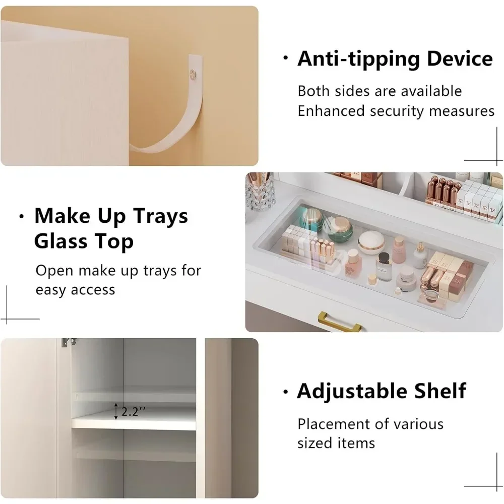 Desk with Mirror and Lights, Large Vanity Table with Charging Station LED Lights, Glass Tabletop Cabinets