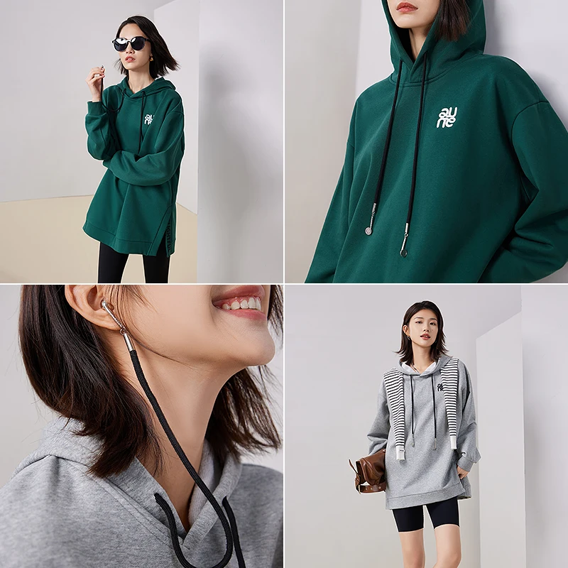 Toyouth Women Hoodies 2023 Autumn Long Sleeve Loose Hooded Sweatshirts Earphone Pendant Drawstring Split Hem Casual Pullover