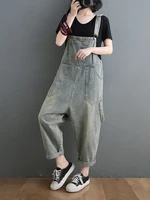 Retro Denim Overalls Women's Korean Sle High Waist Slimming Casual Bib Overalls Trendy Nine-Piece Jeans Casual Loose Fit - Image 4