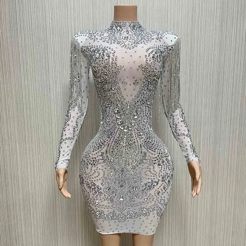 

Flashing Crystals Rhinestones Dress Women Tassels Shoulder Evening Dresses White Mesh Birthday Celebrate Costume Outfit