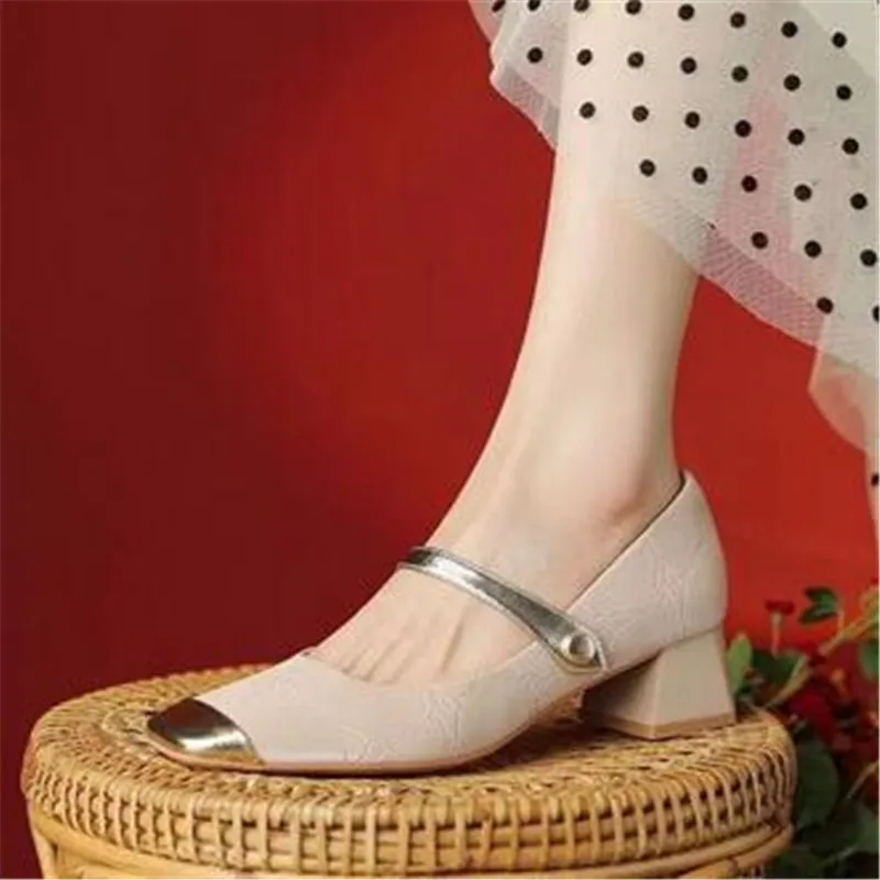 

Women Sandals Square Toe Mary Janes Gold Toe Pumps Patchwork Mid Heels Dress Shoes Mixed Color Designer Zapatos Mujer