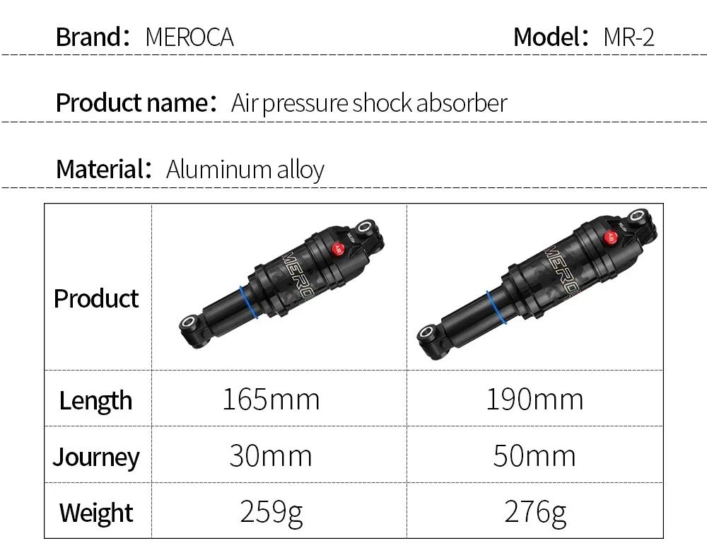 Mountain Bike Air Rear Shock 165mm/190mm Length Air Adjustable