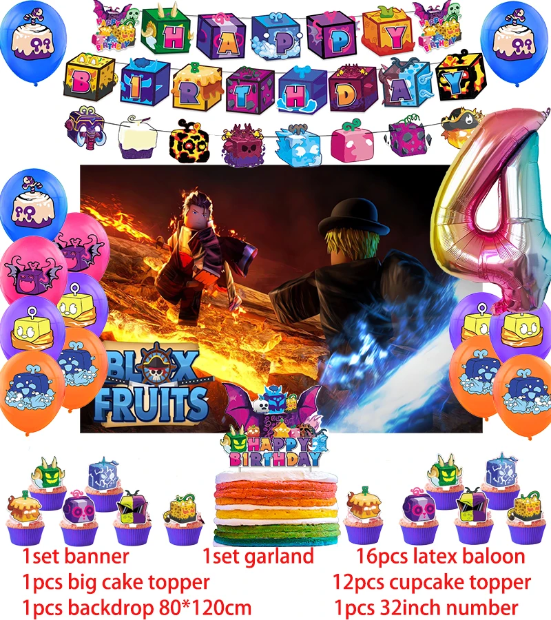 thumbnail image 1 of Decoración para fiesta de cumpleaños con forma de frutas Blox, pancarta con globos, fondo para tarta, suministros para fiesta de Blox Fruits, baby shower, 1 of 5