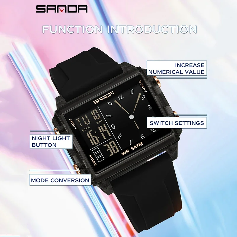 SANDAファッション電子アナログ腕時計 メンズ レディース スクエア