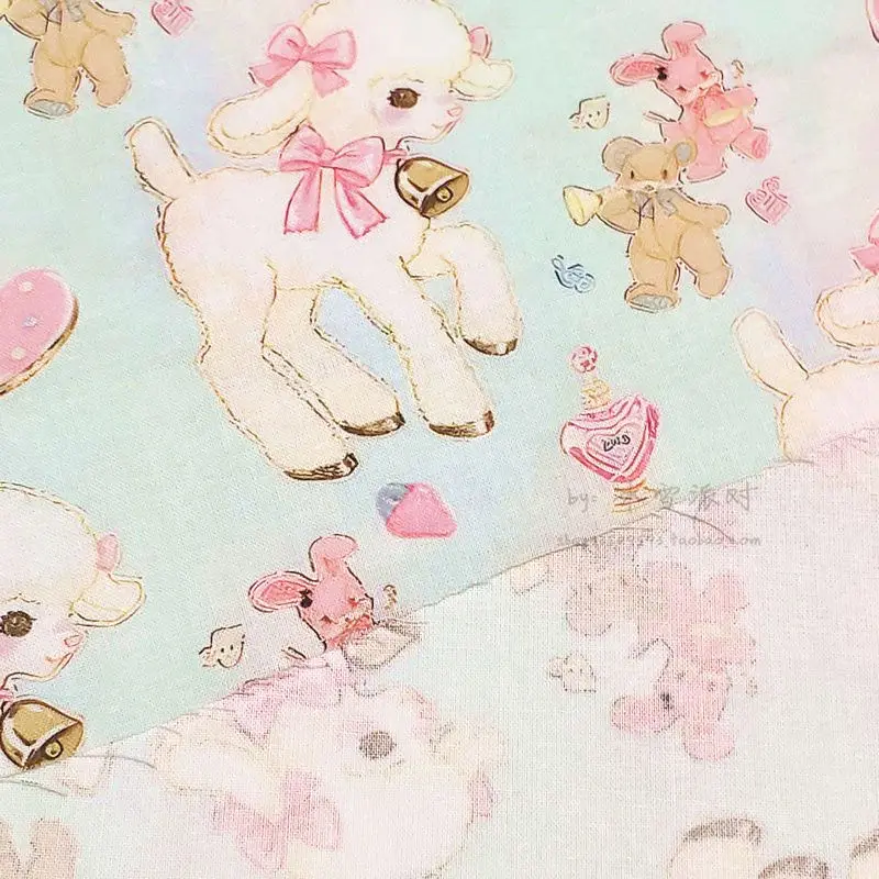 BB49-BTY 1 Yard Cotton Woven Fabric-Kawaii Cartoon Characters, Cute Japanese Showa Animals Little Lamb Mint