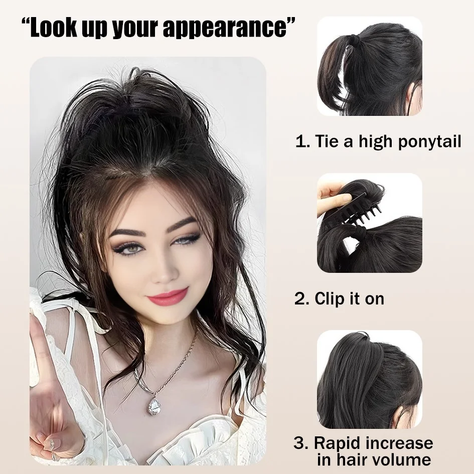 Synthetic 14 inch wig, ponytail, female braid, sweet and cool Korean shark clip, curly hair, semi tied high ponytail, grab clip