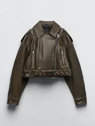 2023 New Women Leather Jacket with Belt Faux Pu Vintage Loose Short Streetwear Female Retro Moto Biker Zipper Coat Outwear Tops