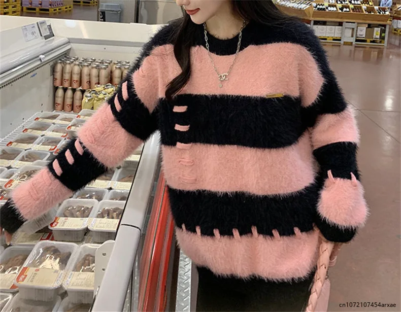 

2024 Striped mink fleece sweaters contrast gentle thickened pullovers Korean fashion warm y2k jumpers oversize soft knitwear