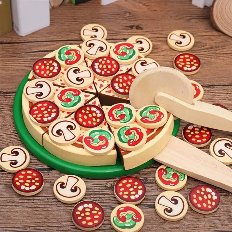 Children puzzle hands-on pizza simulation toys wooden Building Block
mushroom pizza chechelle Pretend Early Education toys gift 2
