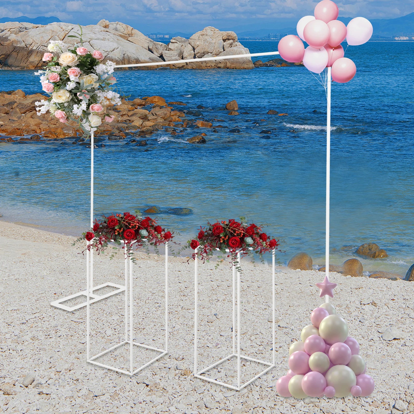 1 of Ballon Arch 2M Stand and 2 of Flower 80cm Stands Set, 3pcs Backdrop Frame for Wedding Party Ceremony Indoor Outdoor Decor P
