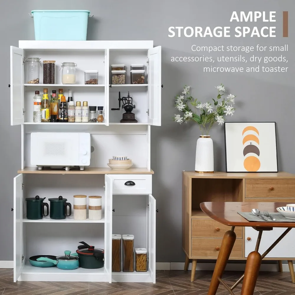 71" Buffet with Hutch, Modern Farmhouse Kitchen Pantry Storage Cabinet with Microwave Oven Countertop, Drawer